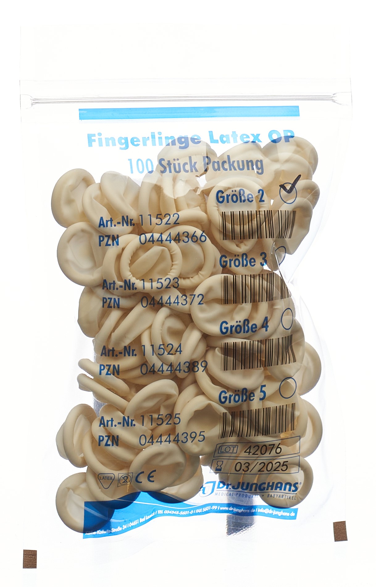 Dr. Junghans Fingerlinge Latex gerollt Grösse 2 puderfrei und unsteril