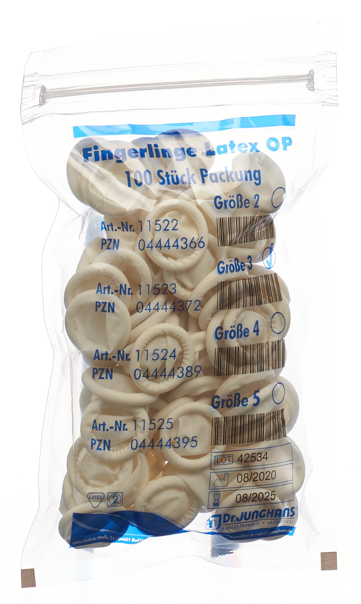 Dr. Junghans Fingerlinge Latex gerollt Grösse 3 puderfrei und unsteril