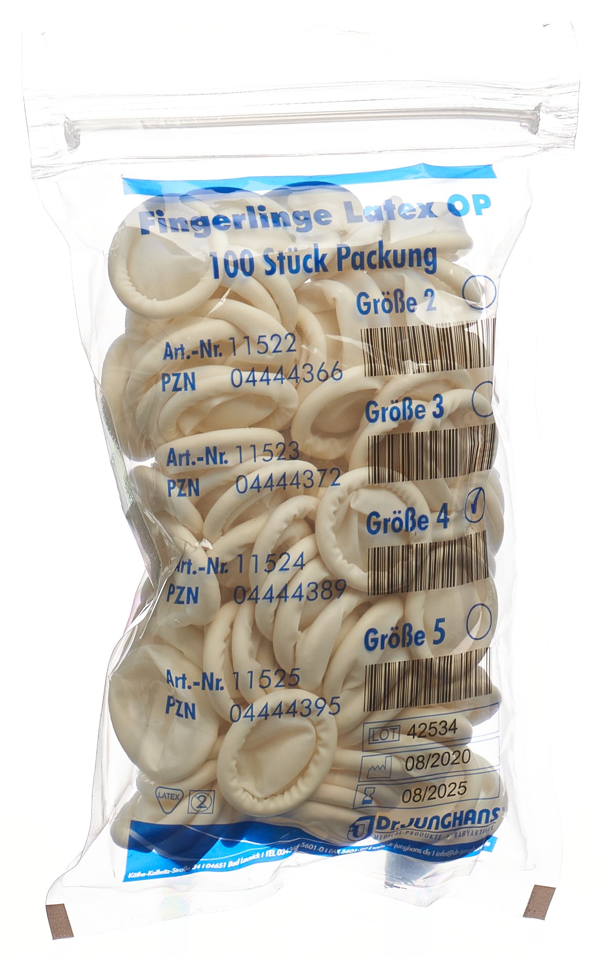 Dr. Junghans Fingerlinge Latex gerollt Grösse 4 puderfrei und unsteril