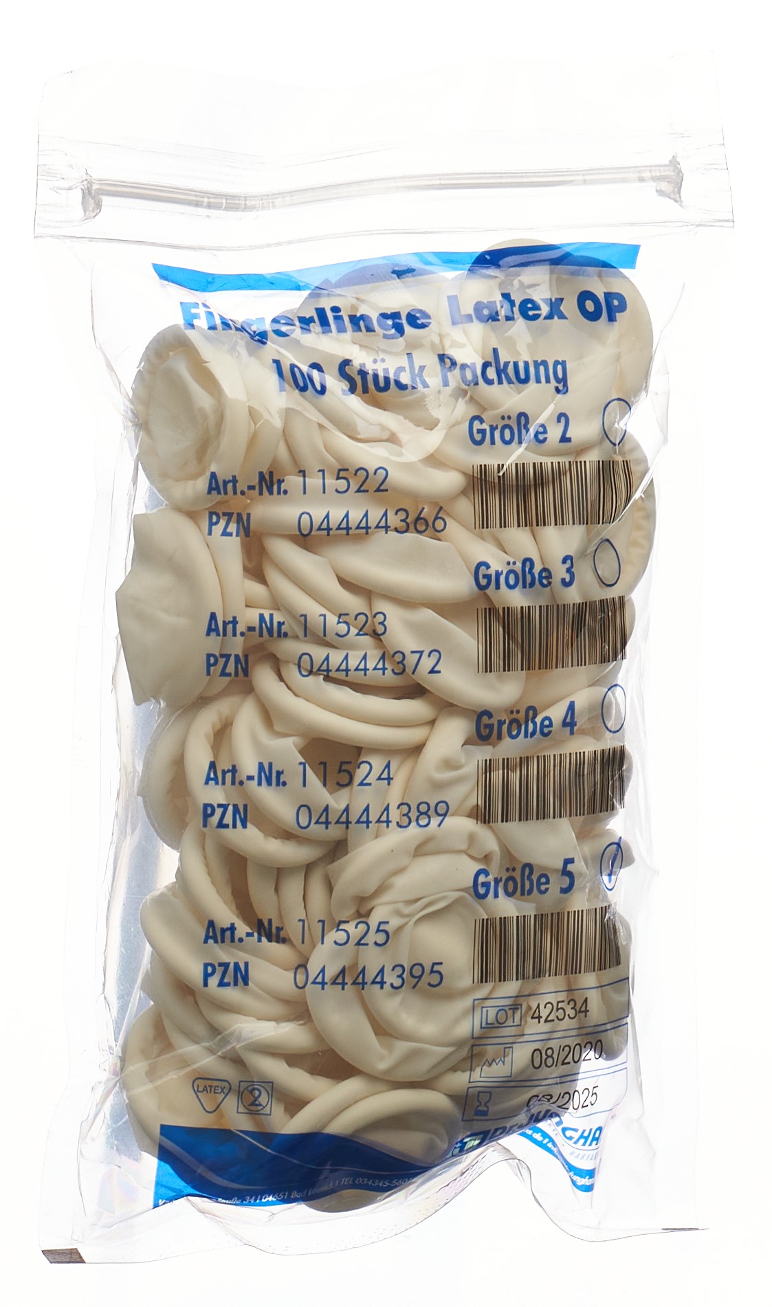 Dr. Junghans Fingerlinge Latex gerollt Grösse 5 puderfrei und unsteril