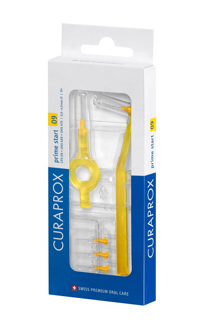 Curaprox CPS 09 prime start + UHS 409 & 470 Halter gelb mit Schutzkappe