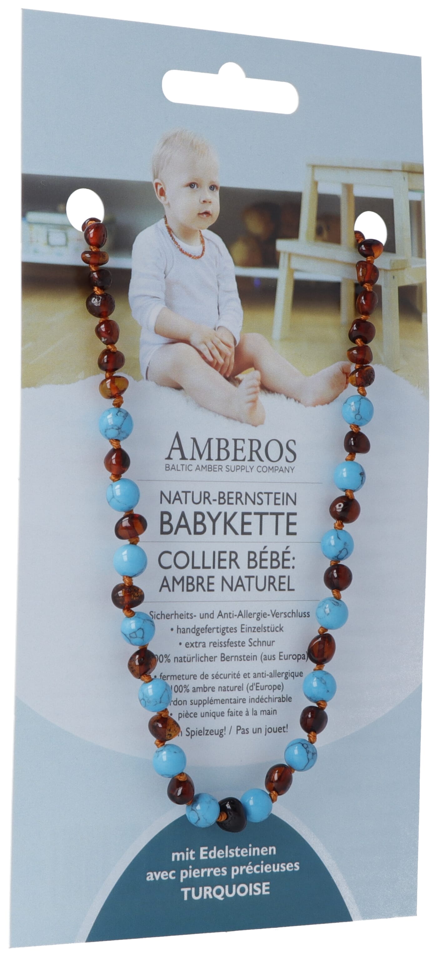 AMBEROS Natur Bernsteinkette mit Edelsteinen Baroque Cognac Turquoise