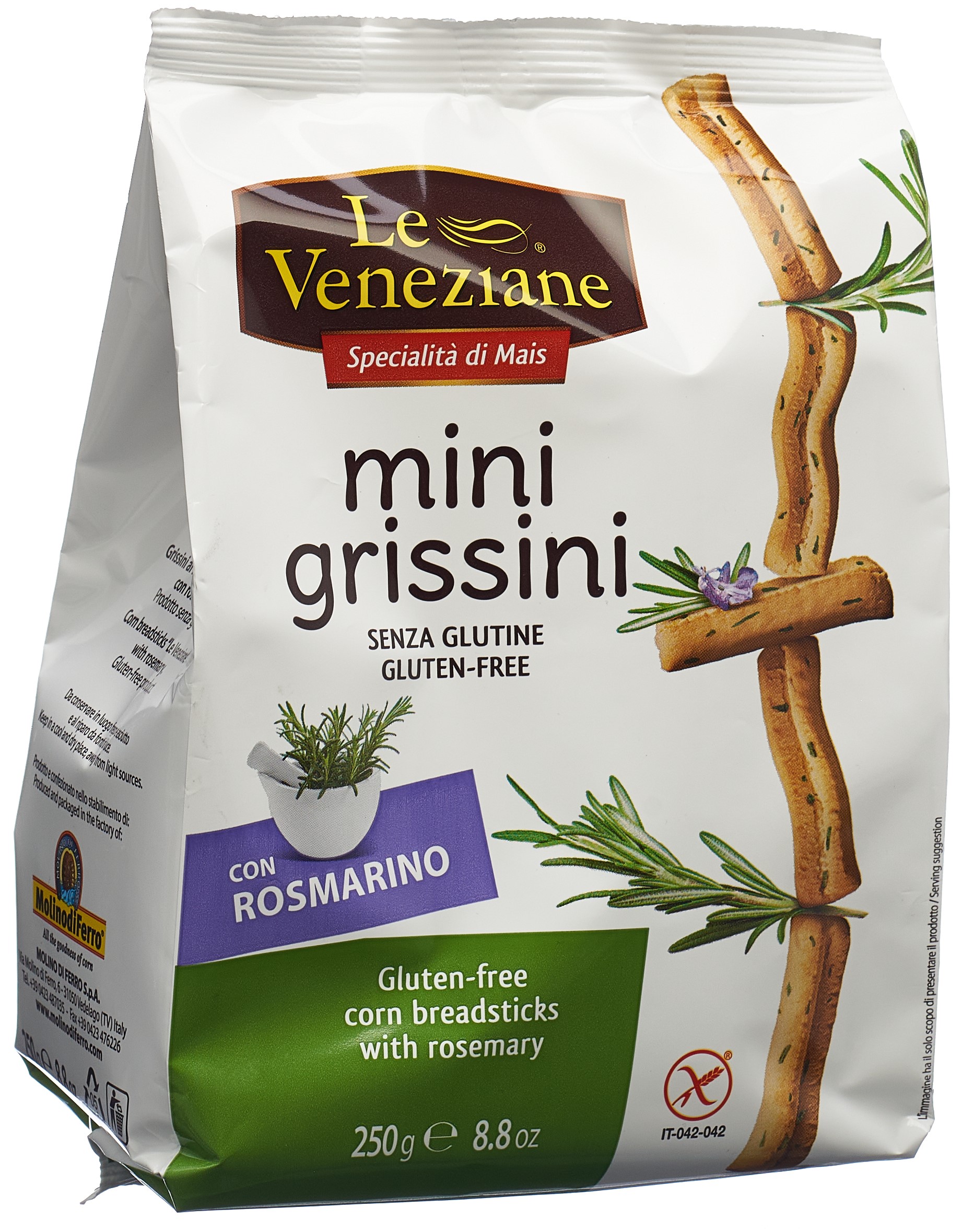 Le Veneziane Mini grissini mit Rosmarin glutenfrei