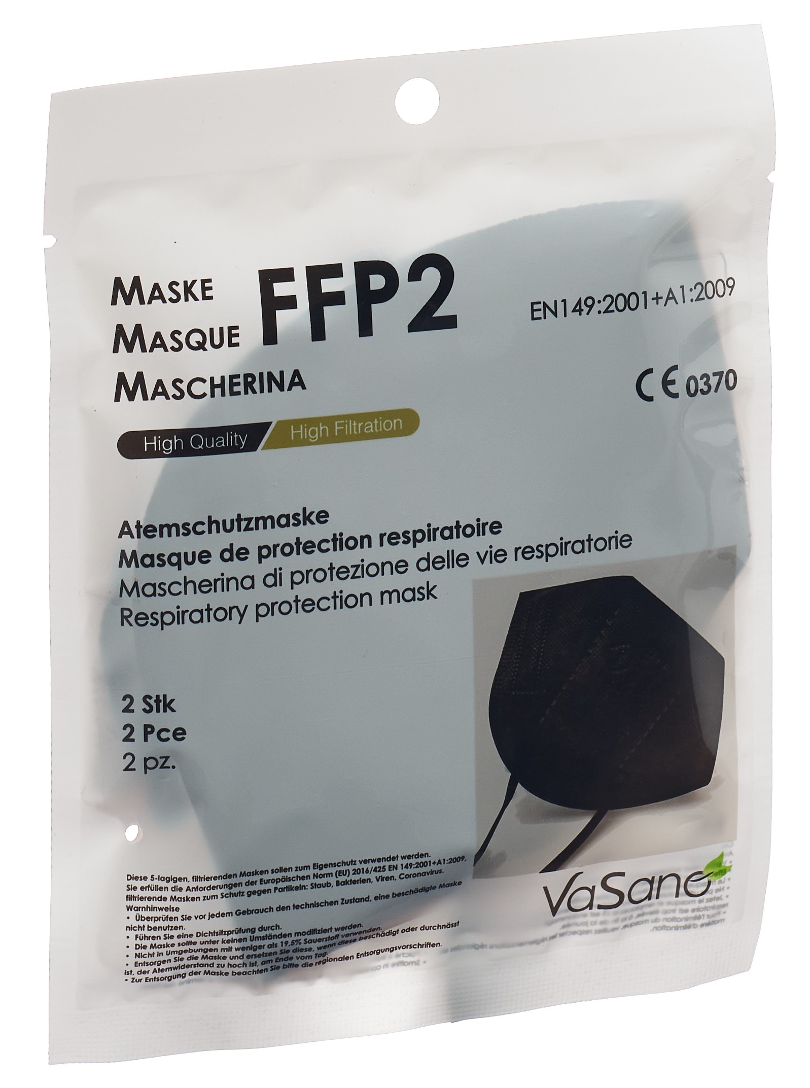 VaSano Maske FFP2 schwarz versiegelt deutsch französisch italienisch