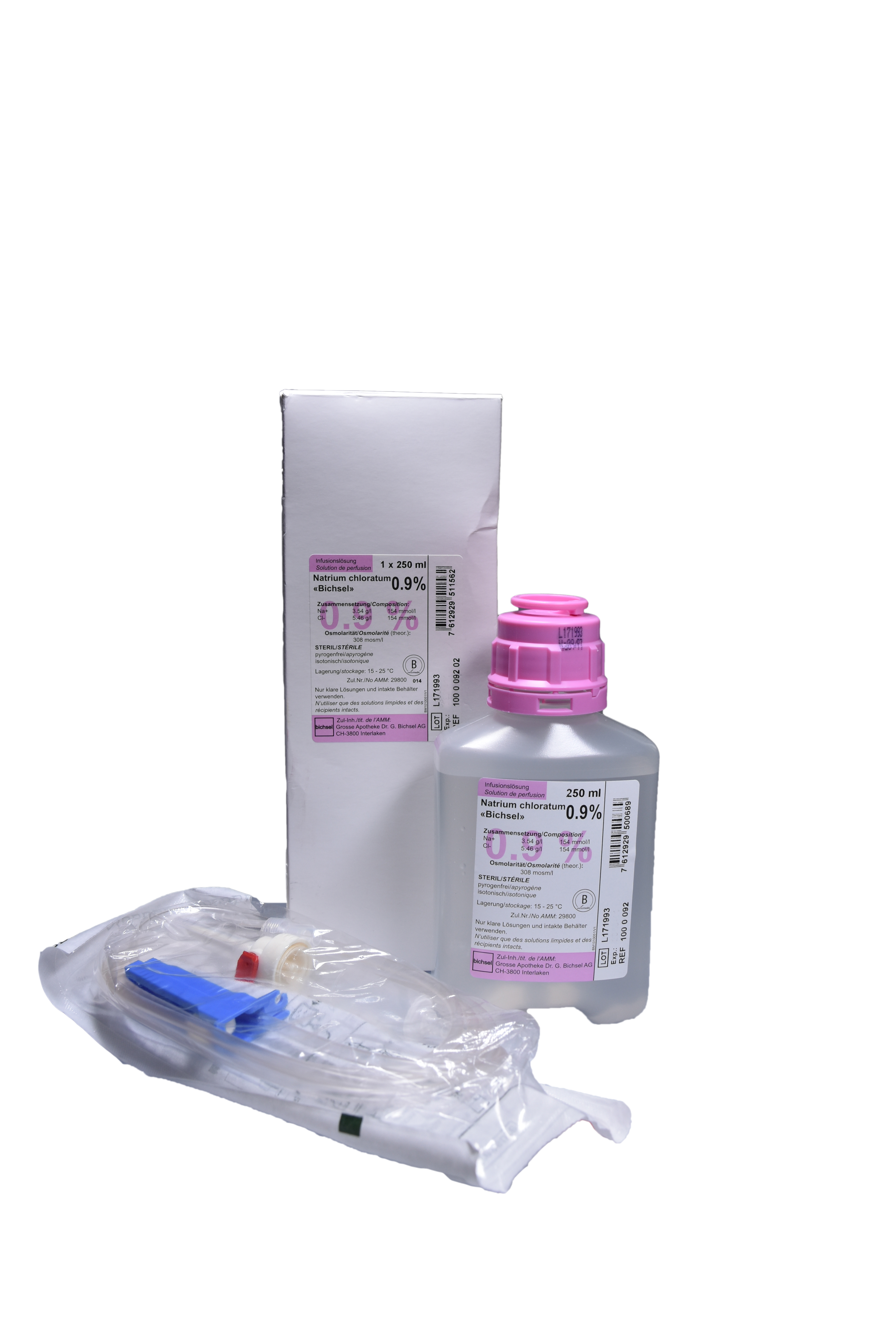 NaCl Bichsel Inf Lös 0.9 % 250ml Plastikflasche mit Besteck